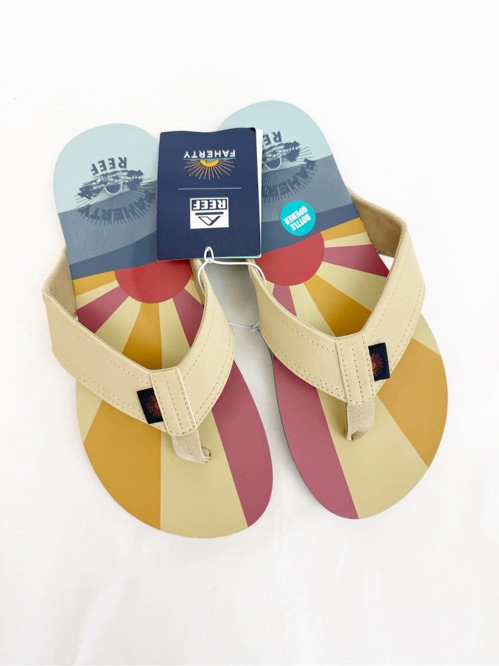 Faherty X Reef Sun And Waves Eva Unisex Flip Flops Bottle Opener Tan Newport